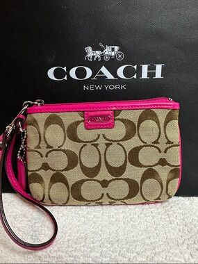 Coach Signature Canvas Wristlet with Hot Pink Trim